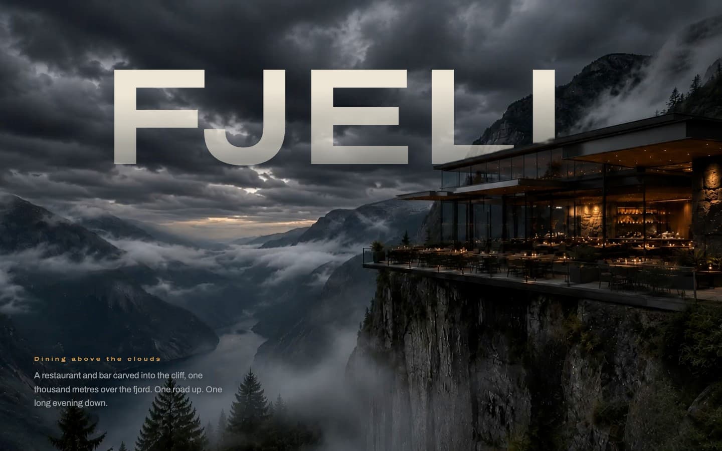 FJELL homepage showing a glass restaurant above a cloud-filled Norwegian fjord