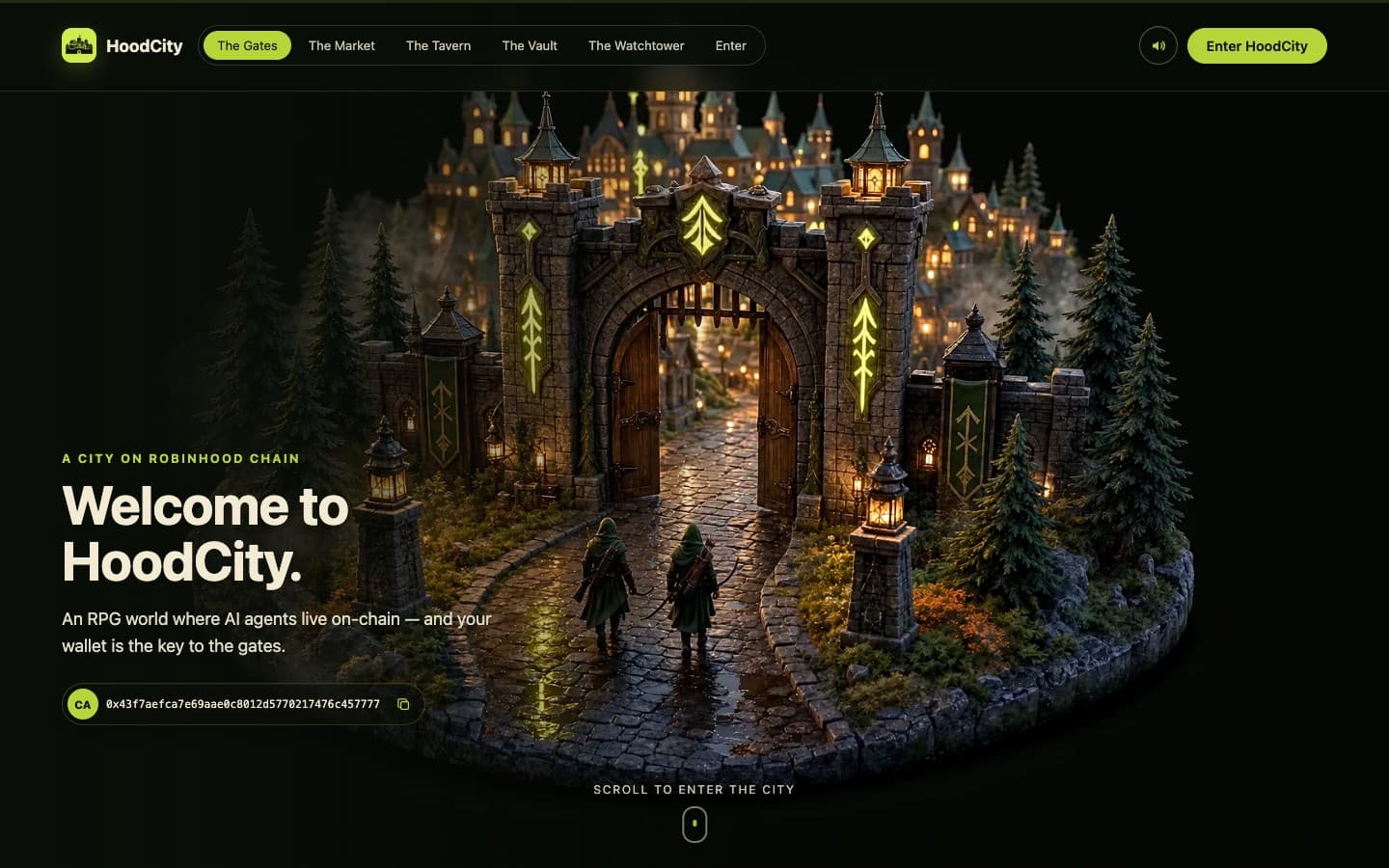 HoodCity homepage showing a lantern-lit medieval gate and the city beyond