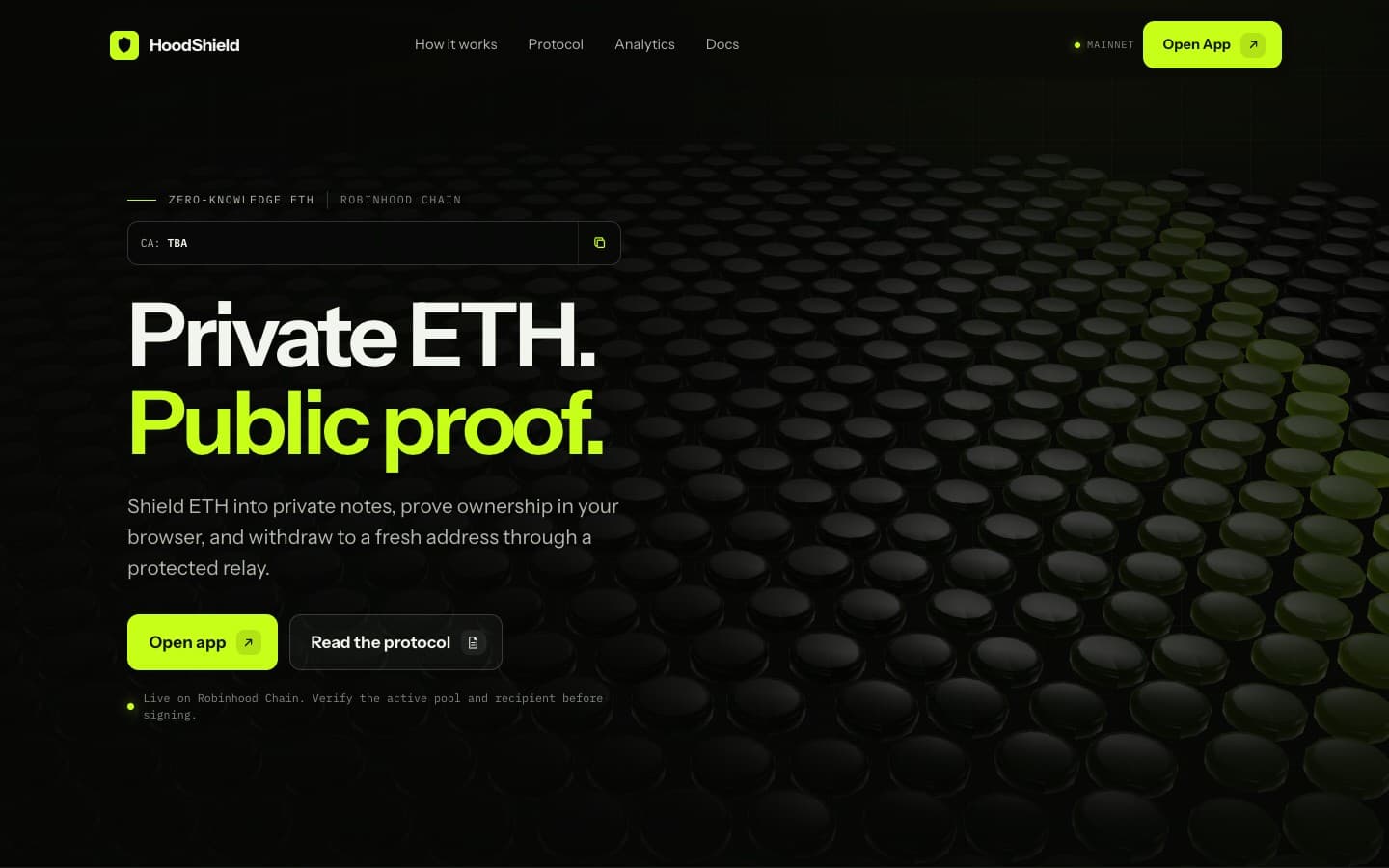 HoodShield homepage with the headline Private ETH, Public proof