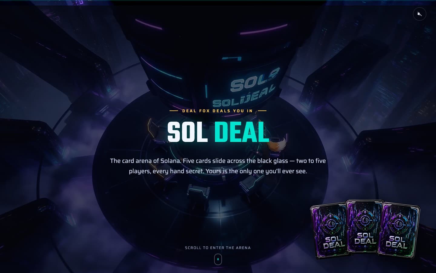 SOL DEAL homepage showing its neon card arena and branded playing cards